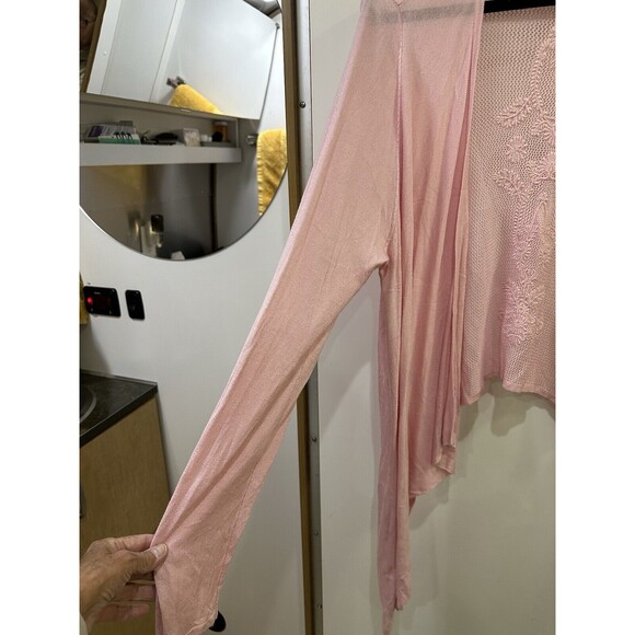 Torrid Waterfall Open Front Cardigan Pink Sweater Size 1 Crochet Lace Back - Picture 7 of 10